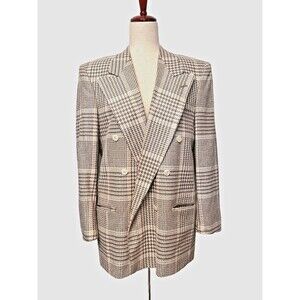 Vtg 100% Pure Silk Women's L Blazer Suit Jacket Taupe Mint Houndstooth USA Made